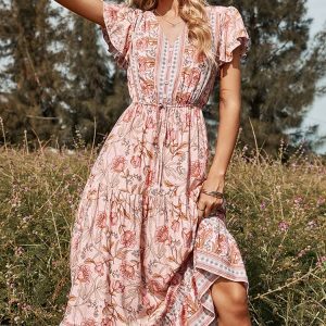 Boho Maxi Dress with Short Sleeves
