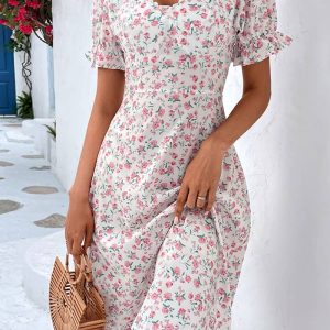 Floral Short Sleeves Midi Dress