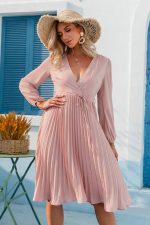 Pleated Midi Dress with Long Sleeve