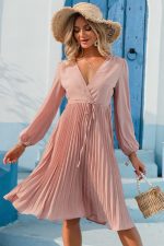 Pleated Midi Dress with Long Sleeve