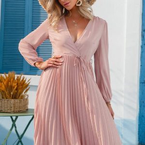 Pleated Midi Dress with Long Sleeve