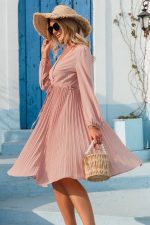 Pleated Midi Dress with Long Sleeve