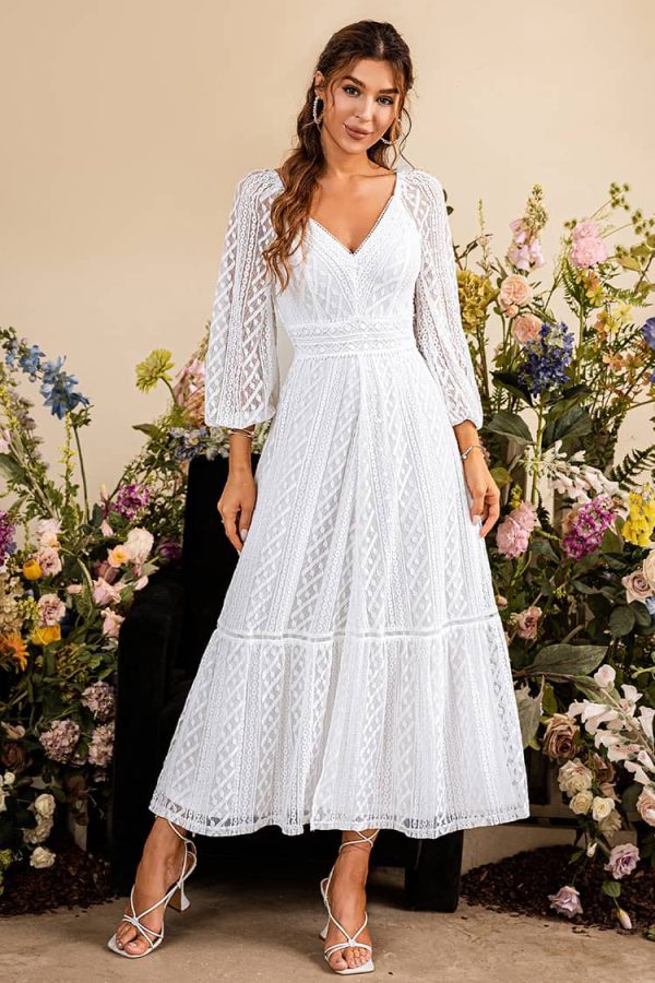 V-Neck White Lace Maxi Dress