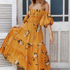 Yellow Bardot Floral Maxi Dress