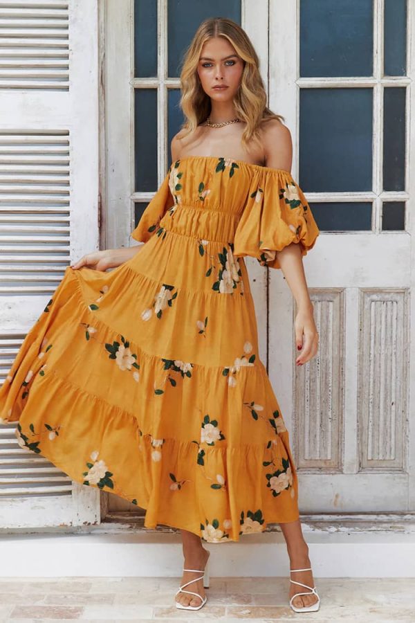 Yellow Bardot Floral Maxi Dress
