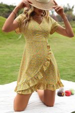 Yellow Floral Wrap Dress