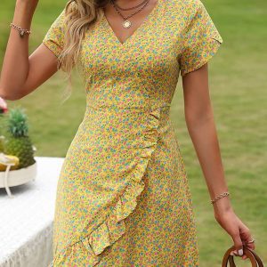 Yellow Floral Wrap Dress